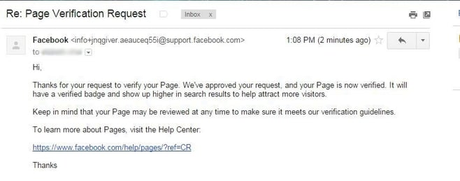 FB page verification Email