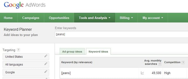 google keyword planner example used to created estimated traffic for jeans