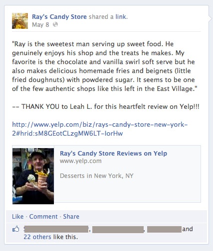 Yelp review posted on Facebook