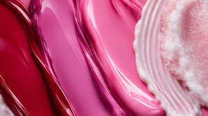 Glossy swatches of pink and red lip and skincare textures